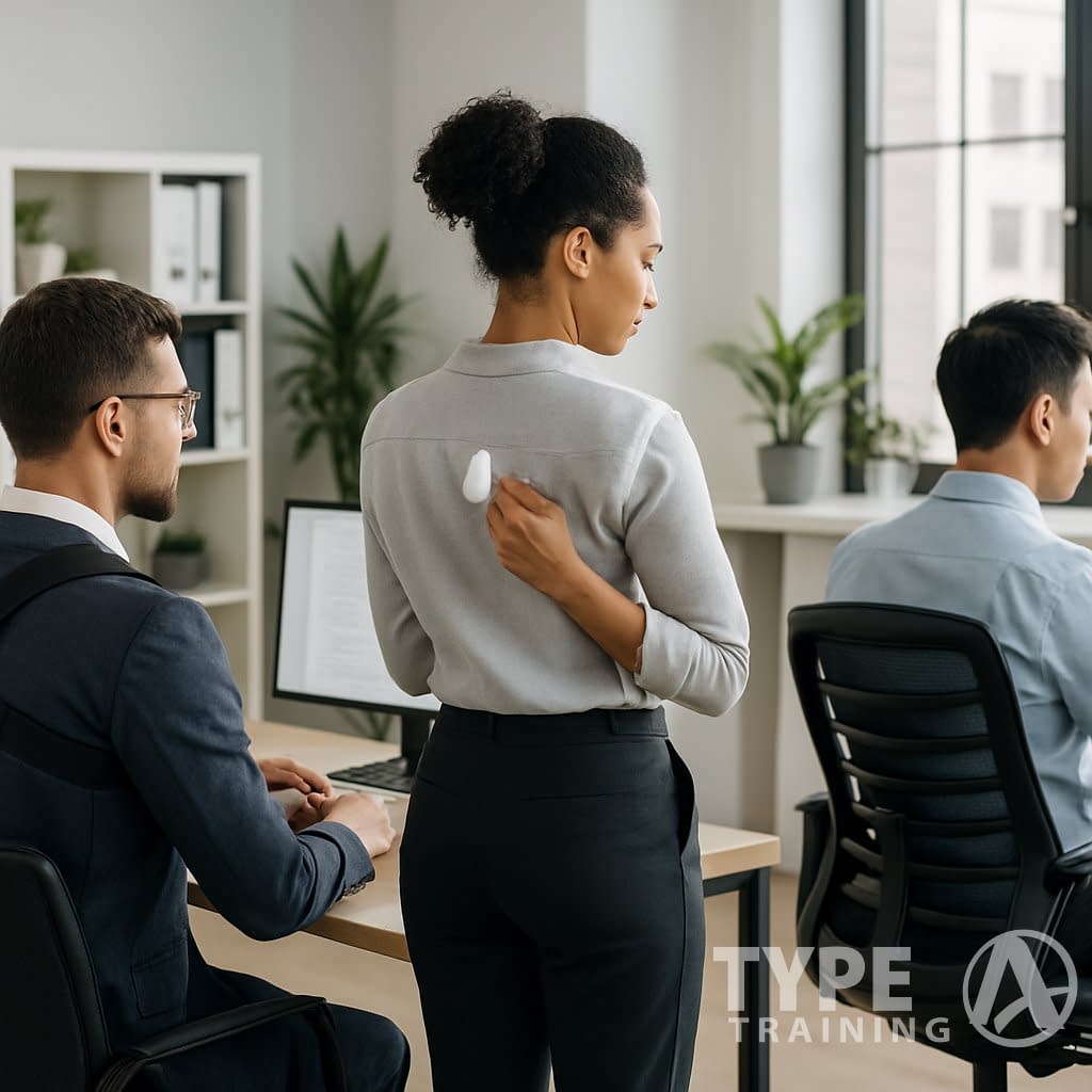 Busy professionals in an office using different posture training tools while working at their desks.