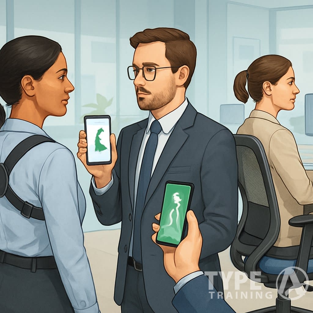 A diverse group of professionals in an office using various posture training tools such as wearable correctors, ergonomic chairs, cushions, and smartphone apps.