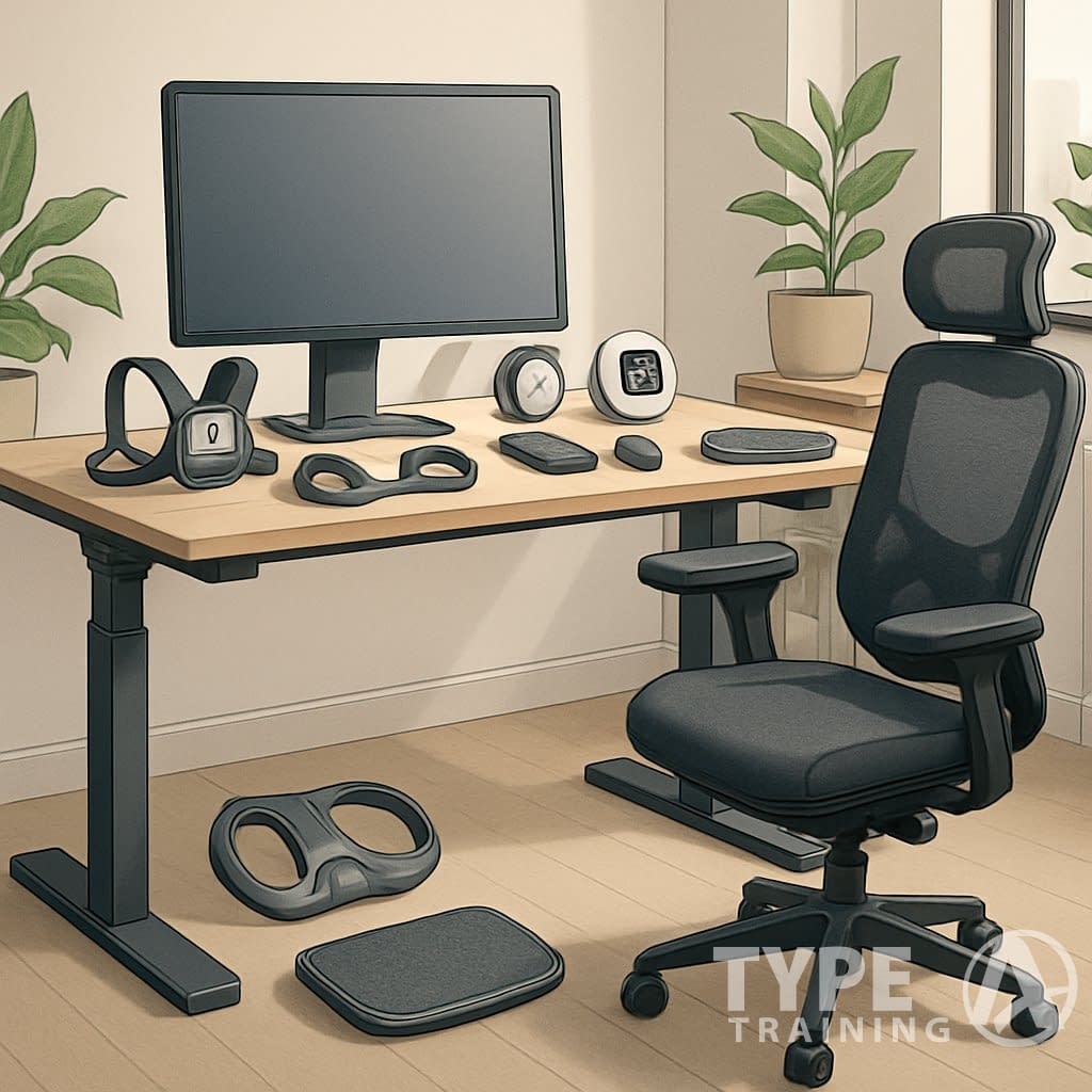 An ergonomic office setup with an adjustable standing desk, ergonomic chair, posture training tools, and a clean, organized workspace with natural light and plants.