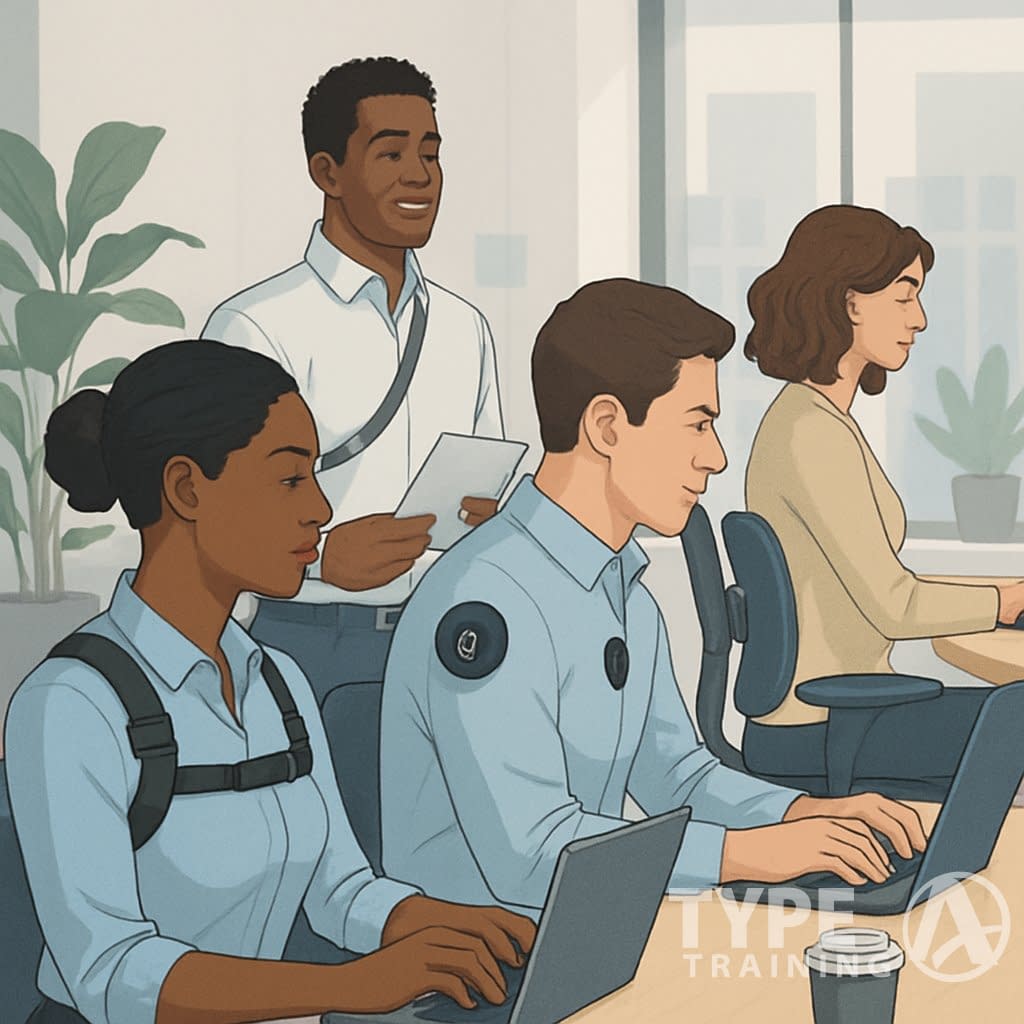 A group of professionals using various posture training tools while working at their desks in a modern office.