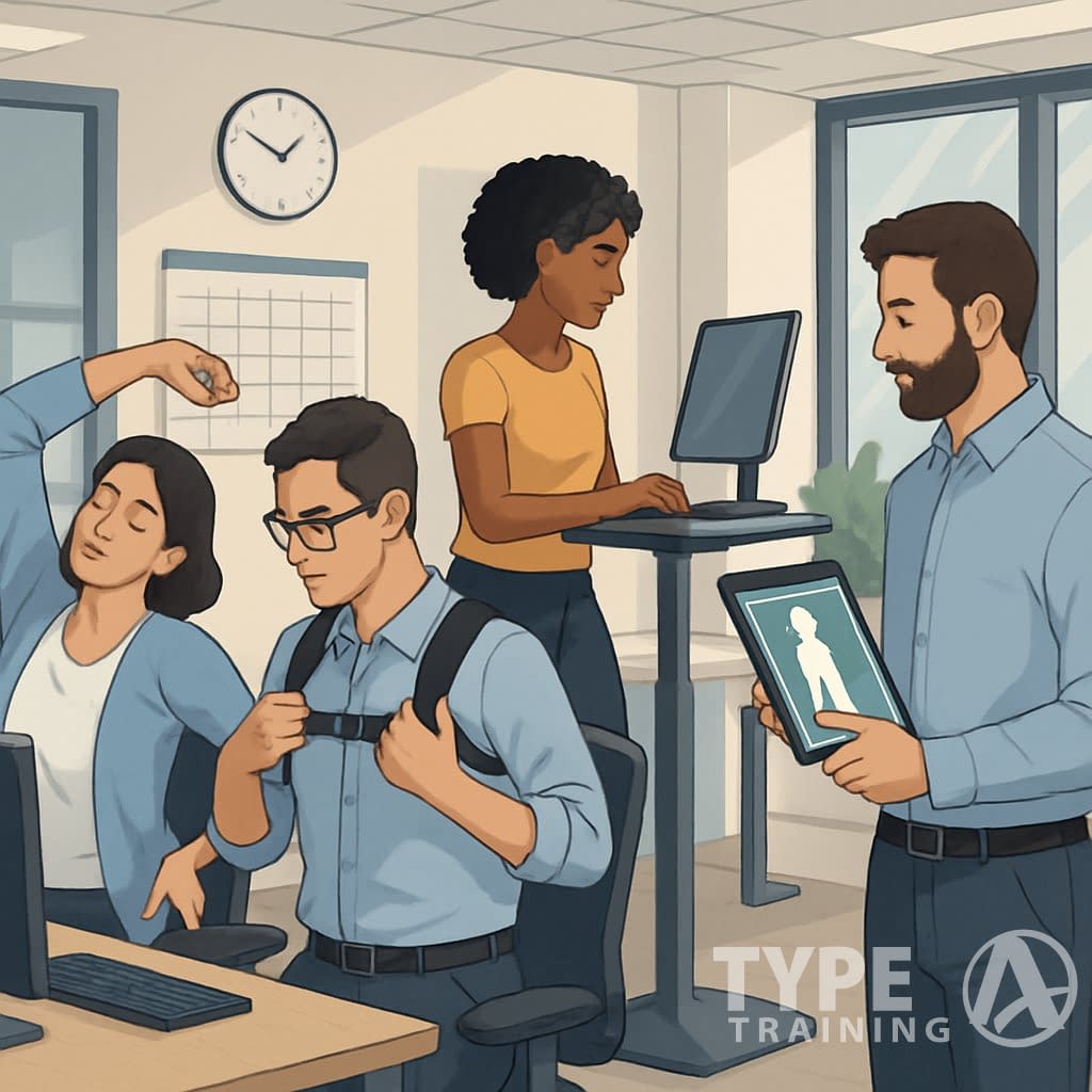 A busy office with professionals using posture training tools like wearable devices, standing desks, and balance cushions while working at their desks.
