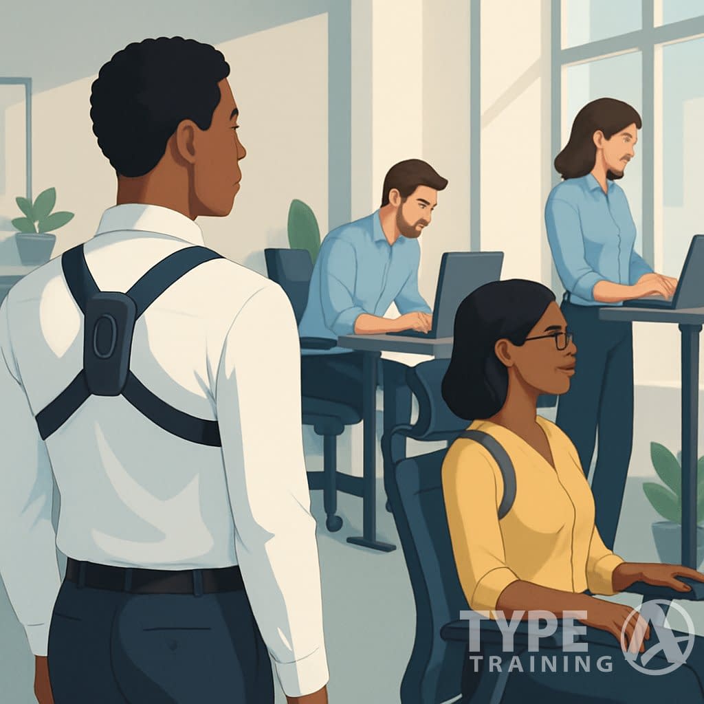 Office workers using posture-correcting devices like wearable sensors, ergonomic chairs, and standing desks in a bright, modern workspace.