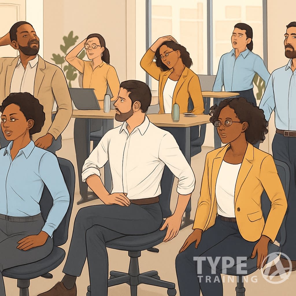 A group of diverse professionals in an office performing exercises to improve their posture.