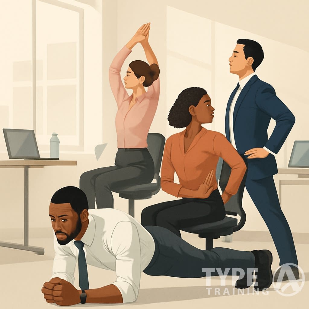 Several professionals exercising in an office, performing core strengthening movements to improve posture.