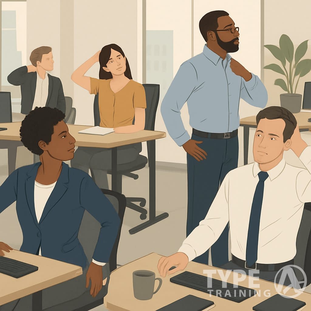 A group of professionals in an office performing posture-improving stretches and exercises while working at their desks.