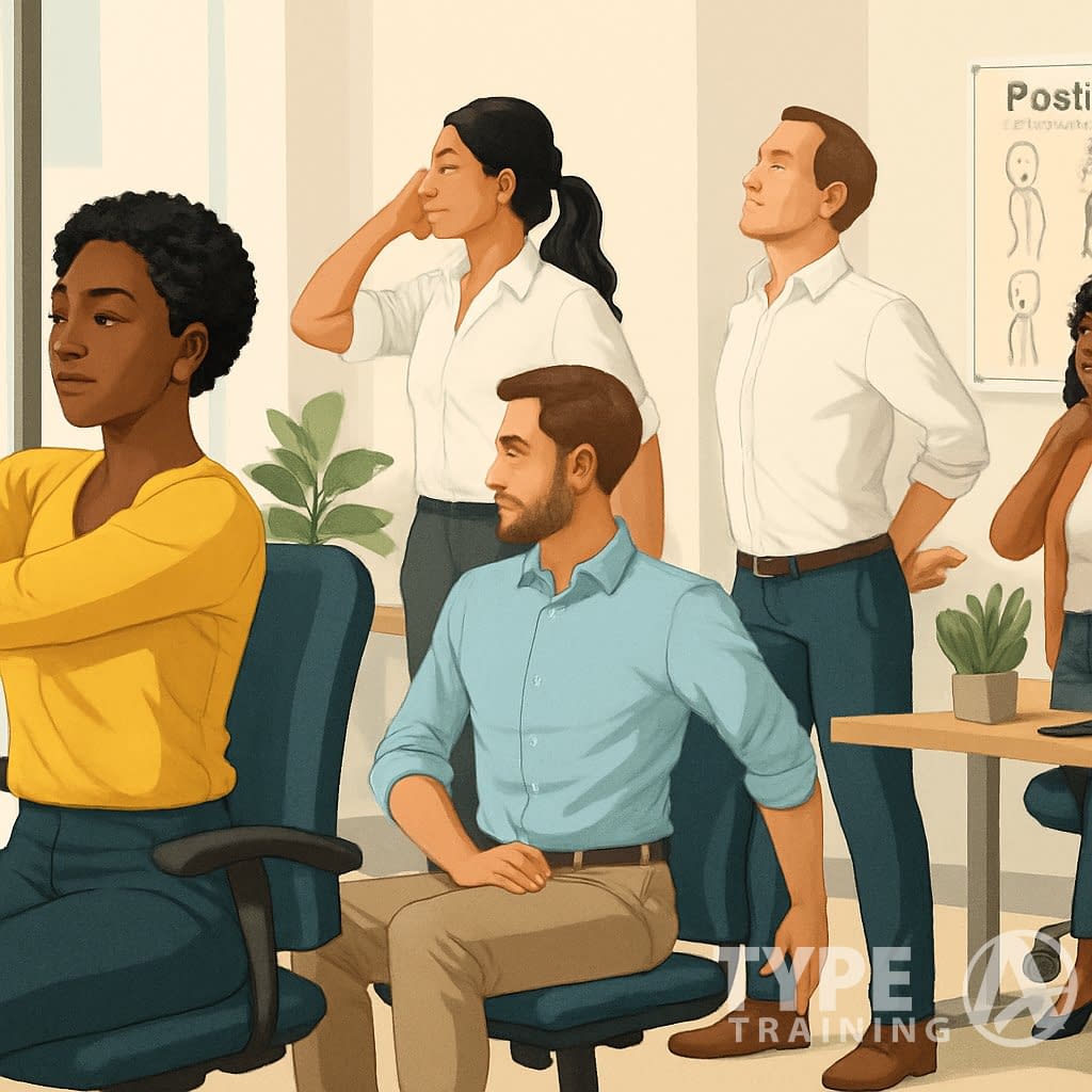 A group of professionals performing posture-strengthening exercises in an office setting.