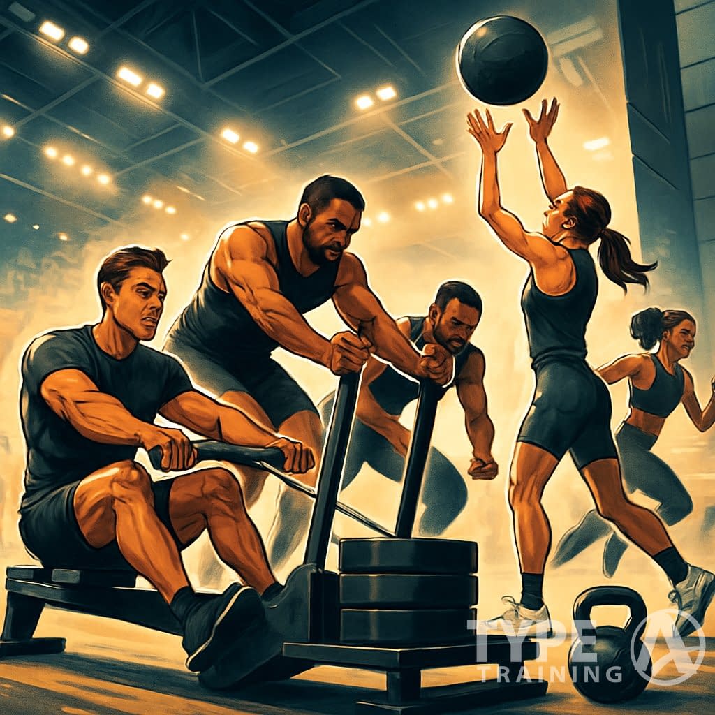 Athletes competing in a HYROX fitness race, performing various workout exercises inside a large sports arena.