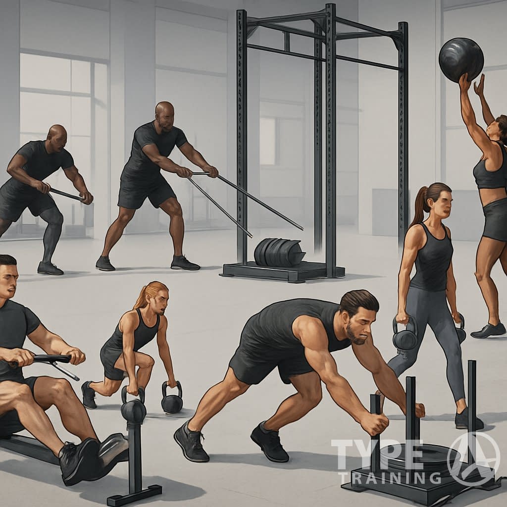 Illustration of athletes performing different exercises at various workout stations in a gym setting.