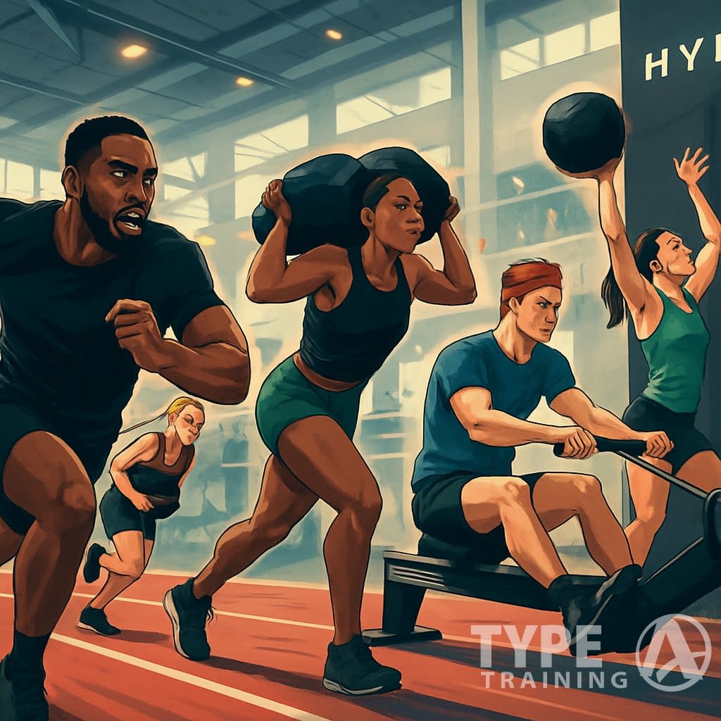 A group of diverse athletes competing in various fitness race activities inside a modern indoor sports arena.