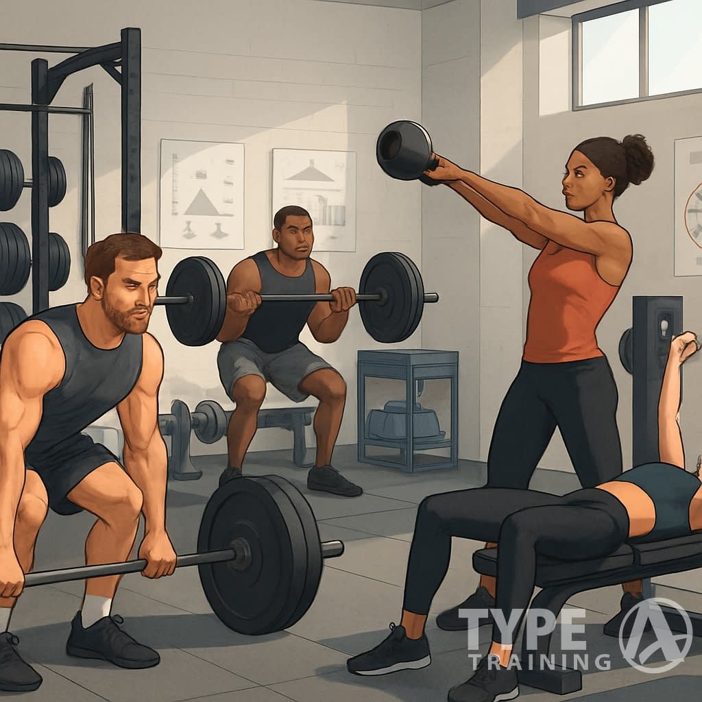 A group of people performing various strength training exercises in a gym with weights and equipment.