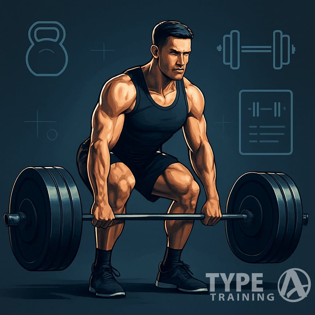 A muscular athlete performing a deadlift with a heavily loaded barbell, surrounded by icons of strength training equipment and workout plans.