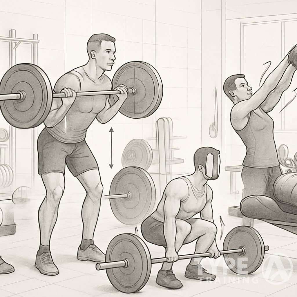 Several athletes performing different strength training exercises side by side in a gym, showing proper form and technique.