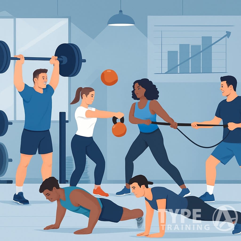 A group of people performing various strength training exercises in a gym with equipment and workout charts in the background.