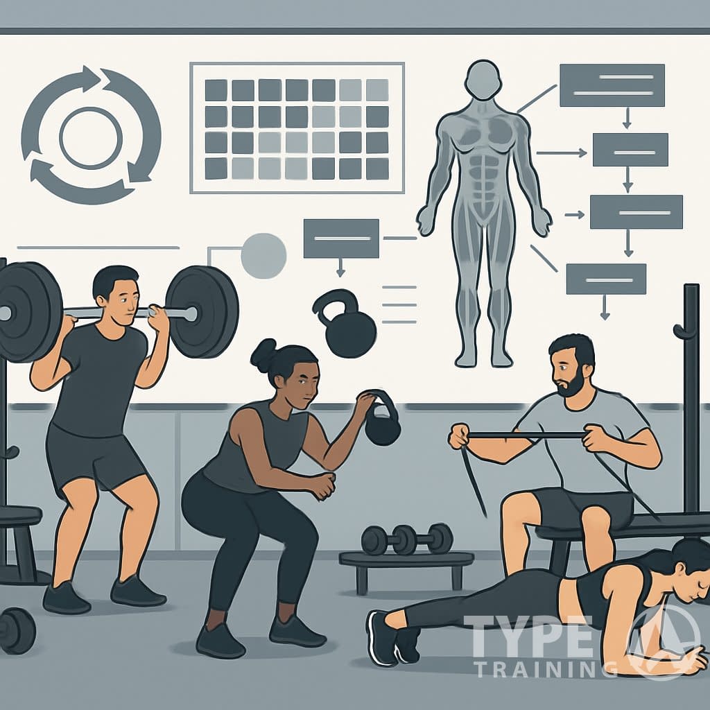 A group of people performing various strength training exercises in a modern gym with a large board showing diagrams of training programs in the background.