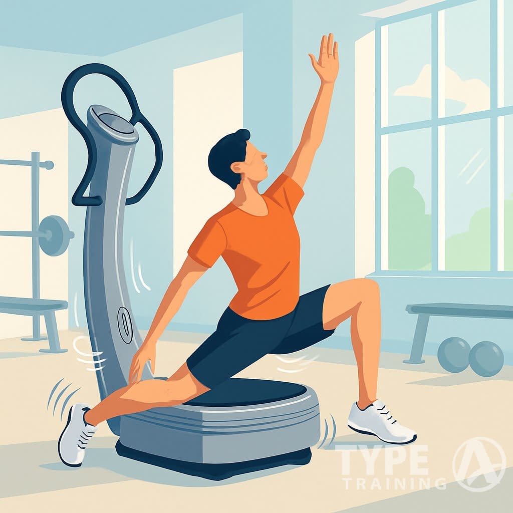 A person stretching on a vibration machine in a bright gym, demonstrating improved flexibility and mobility.