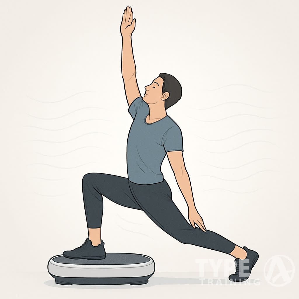 A person stretching on a vibration platform to improve flexibility and mobility.