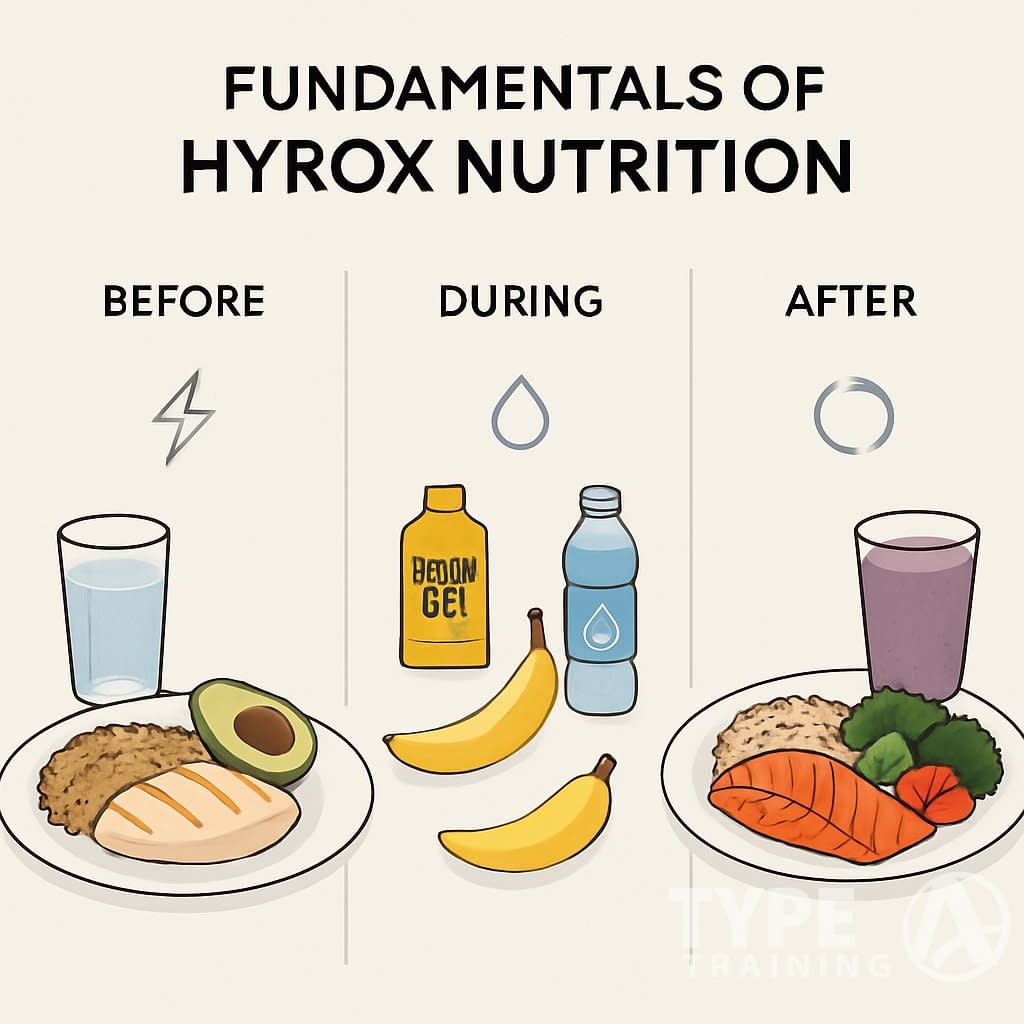 A clear illustration showing three stages of nutrition for HYROX: balanced meal before, light snacks and hydration during, and protein-rich recovery meal after the event.