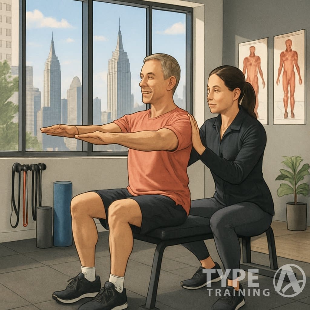A corrective exercise specialist guiding a client through a movement exercise in a gym with a city skyline visible through large windows.