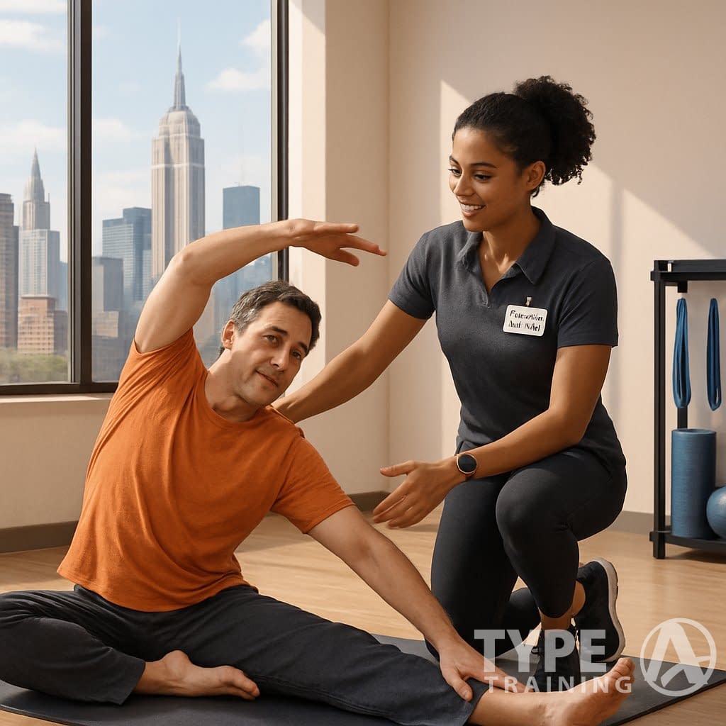 A corrective exercise specialist guiding a client through a stretching exercise in a bright fitness studio with a view of Manhattan skyscrapers.