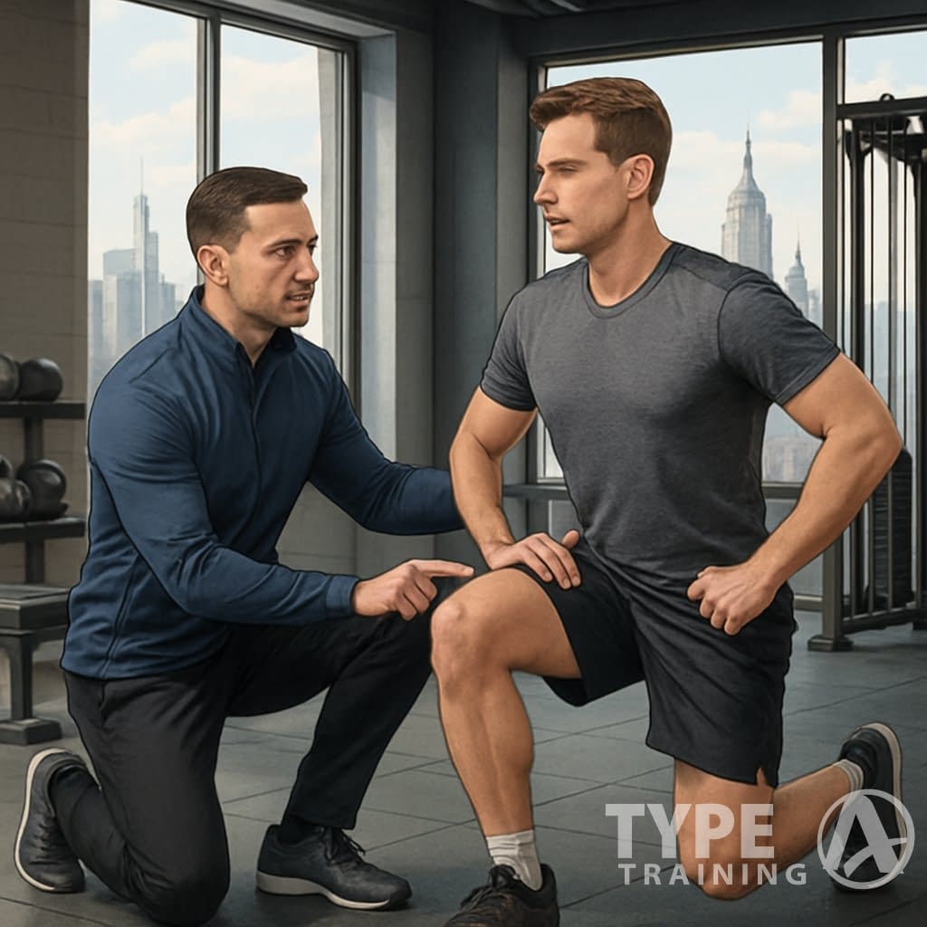 A specialist assessing a client performing a movement exercise in a gym with a view of Manhattan.