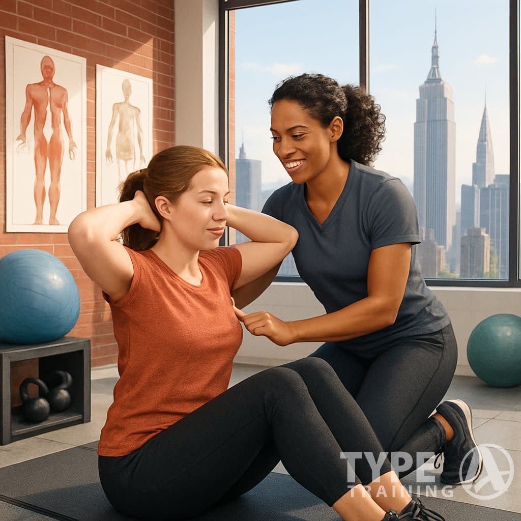 A corrective exercise specialist guides a client through a posture-improving exercise in a fitness studio with Manhattan skyscrapers visible through large windows.