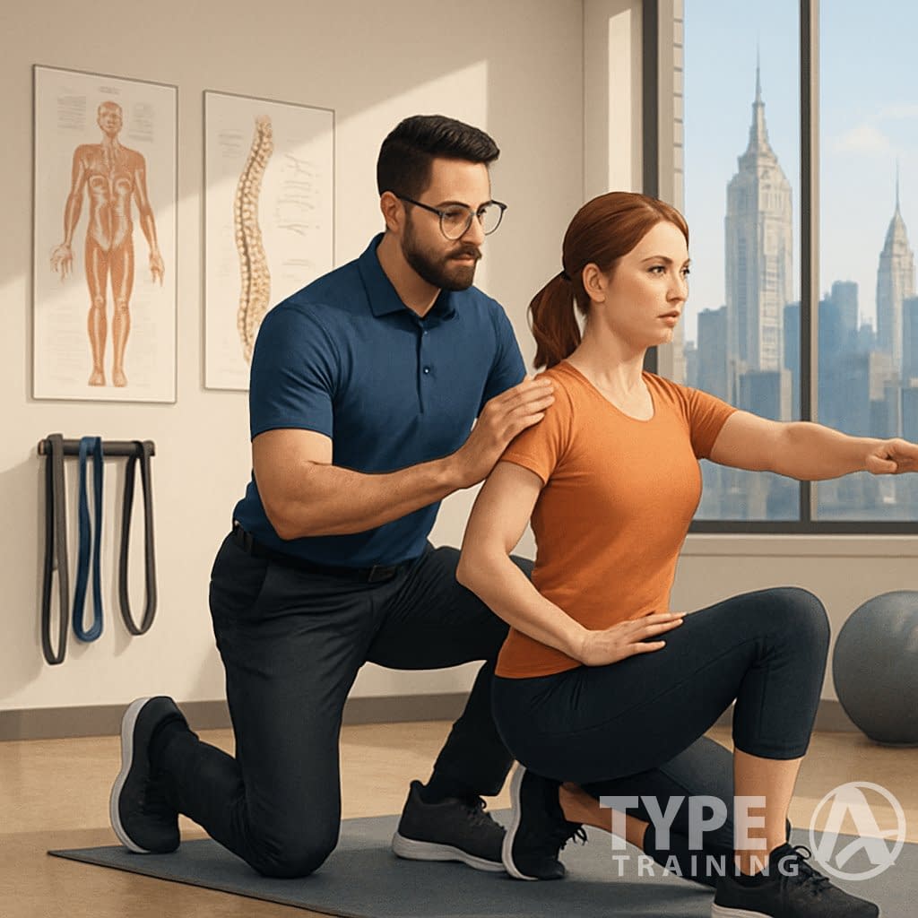 A specialist guiding a client through a posture correction exercise in a gym with anatomical charts and exercise equipment.