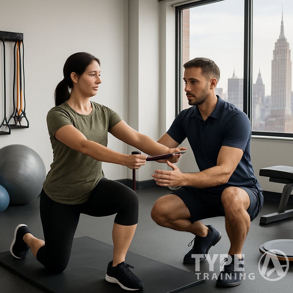 A corrective exercise specialist demonstrates exercises to a client in a modern studio with various fitness equipment and a cityscape visible through large windows.