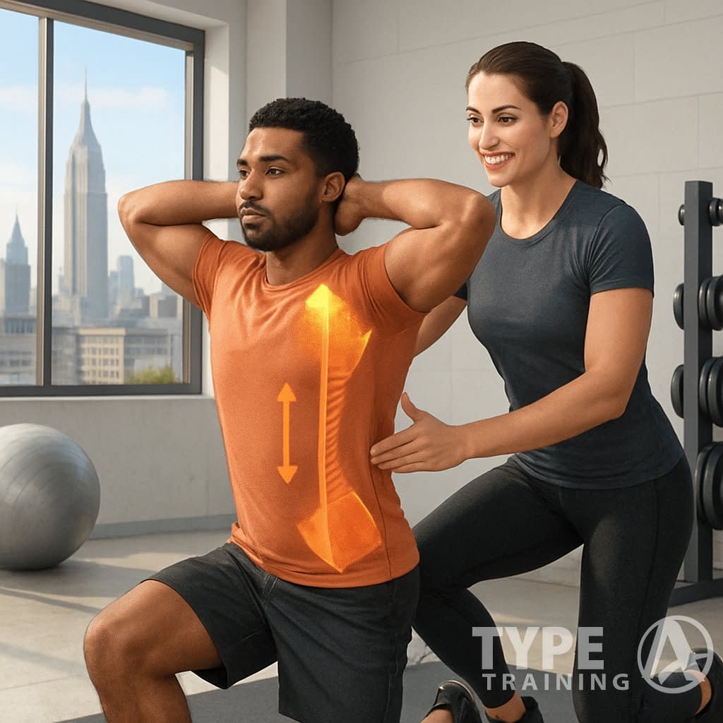 A fitness specialist guides a client through a corrective exercise in a modern gym with a Manhattan city view.