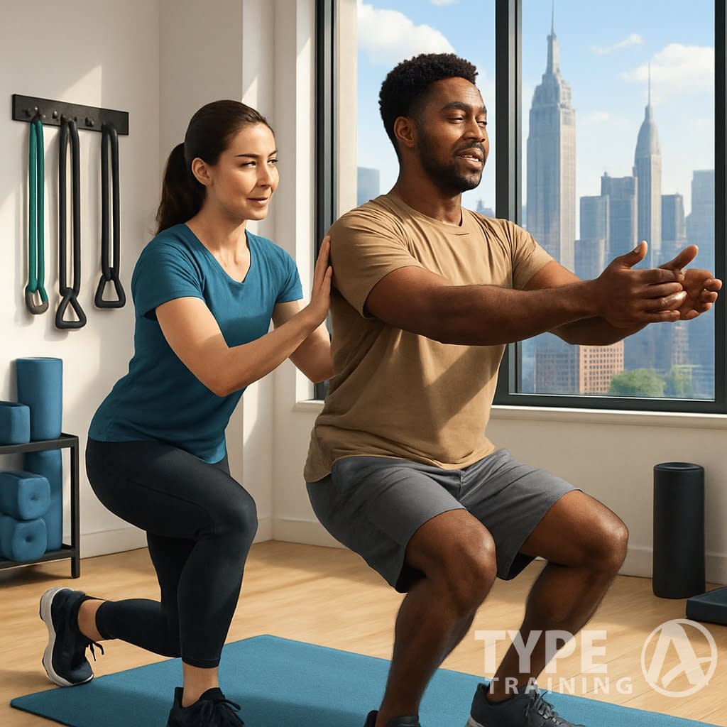 A corrective exercise specialist guiding a client through a movement exercise in a bright fitness studio with a view of Manhattan skyscrapers.