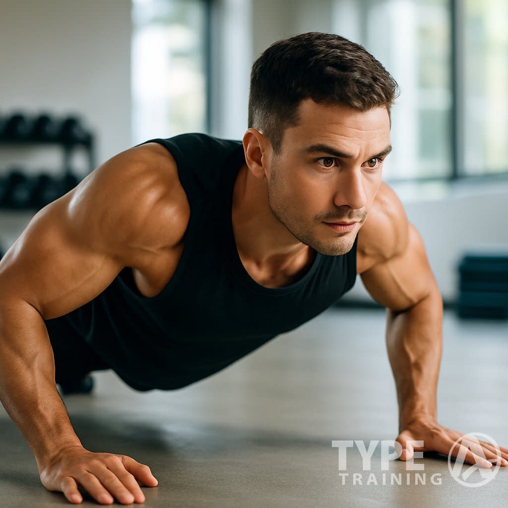 A fit young man doing push-ups in a gym, showing his muscles engaged during exercise.