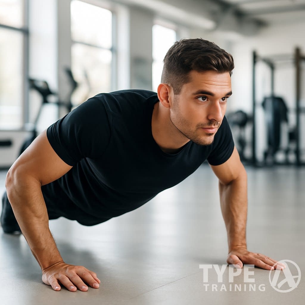 A fit young man doing a perfect push-up with proper form in a bright gym.
