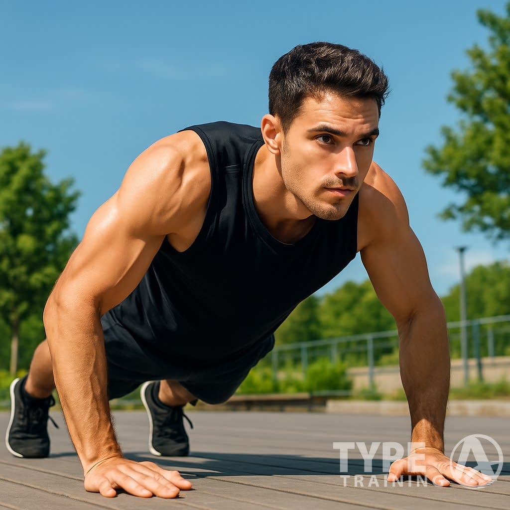 A young man doing push-ups outdoors on a wooden deck with trees and a clear sky in the background.