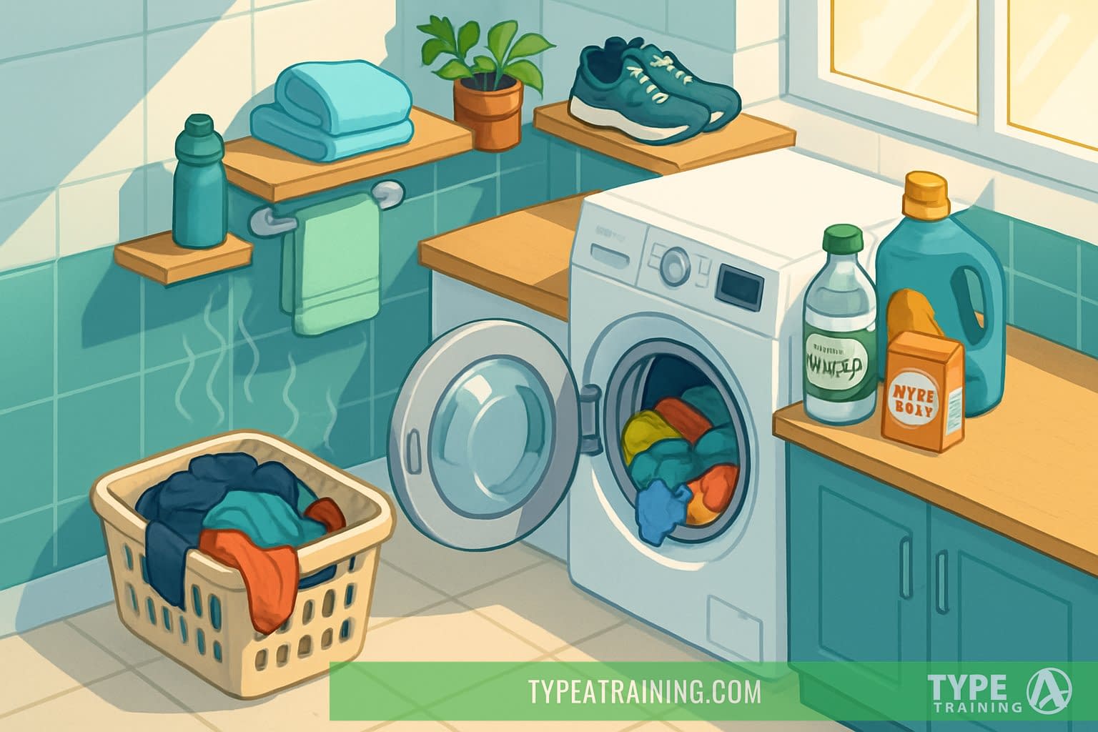 Laundry room with washing machine, basket of workout clothes, cleaning supplies, and workout gear arranged neatly.