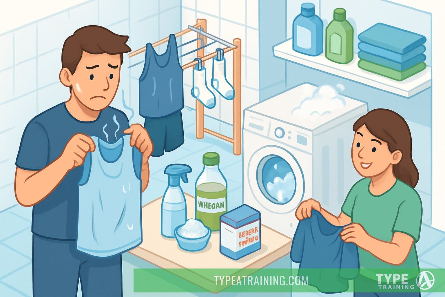 A laundry area with workout clothes hanging to dry and a washing machine running, showing people cleaning smelly workout clothes using natural odor removers.