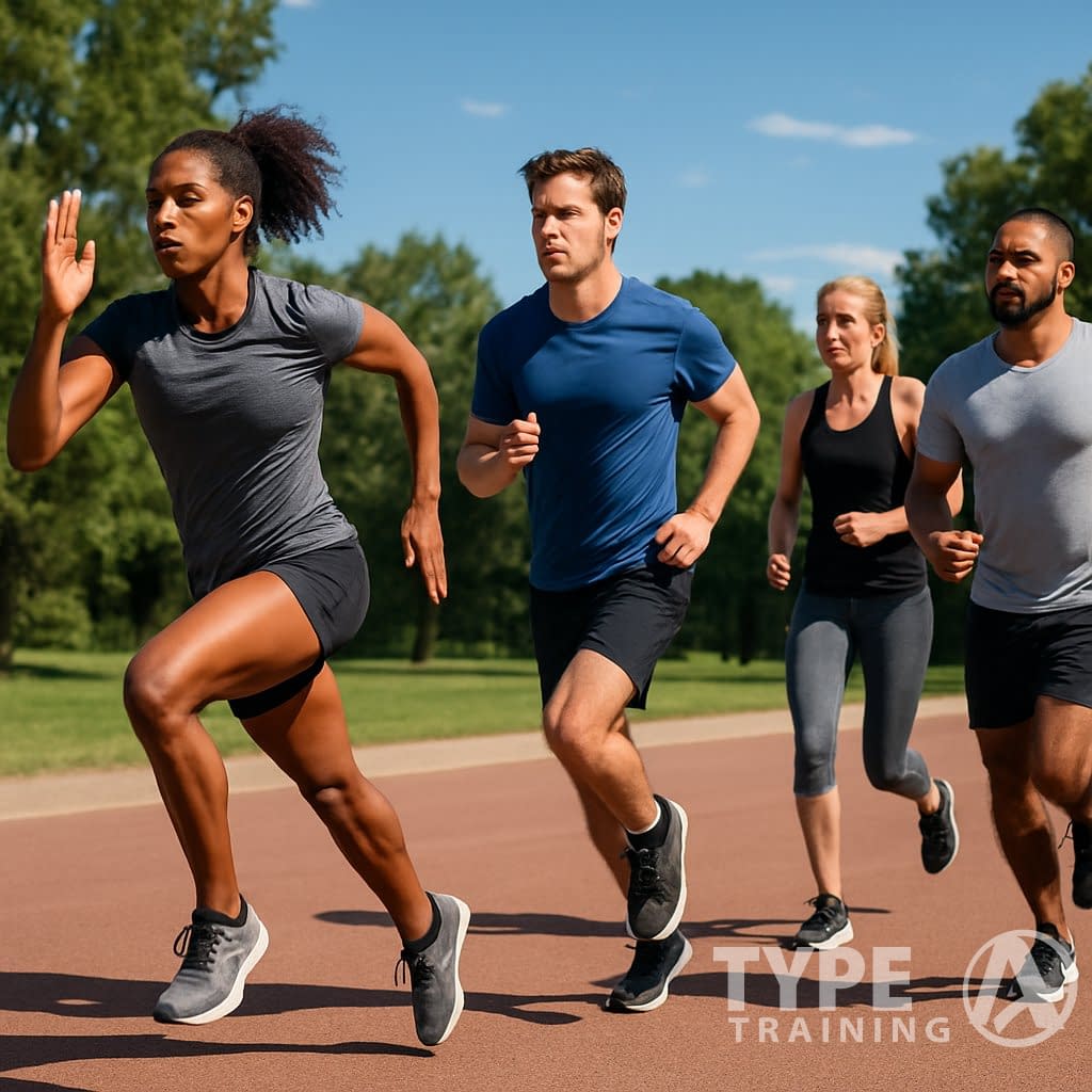 Four adults running at different speeds on an outdoor track surrounded by trees under a clear sky.