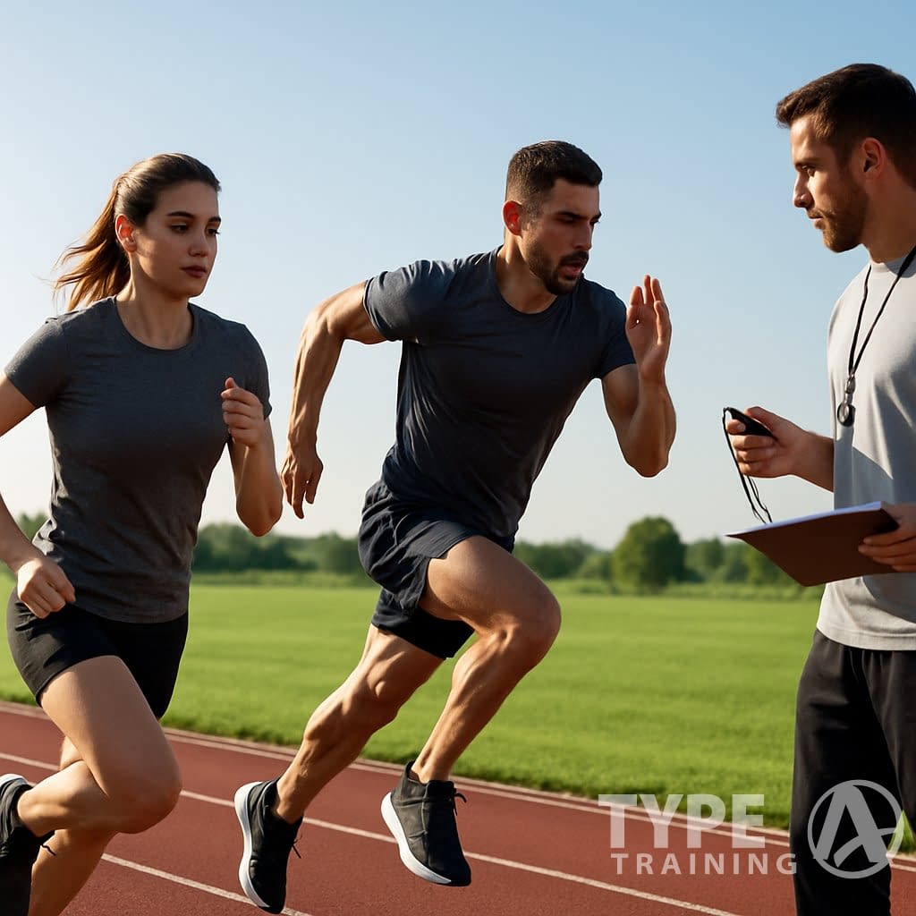 Two athletes running on a track with a coach timing their interval workout on a sunny day.