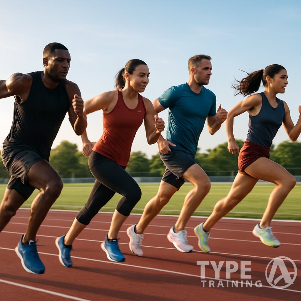 Four athletes running on an outdoor track during an intense interval workout in the early morning.
