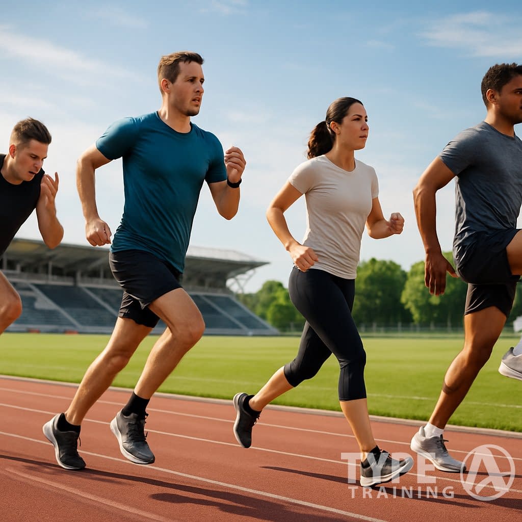 Four runners on an outdoor track performing different interval running workouts under a clear sky.