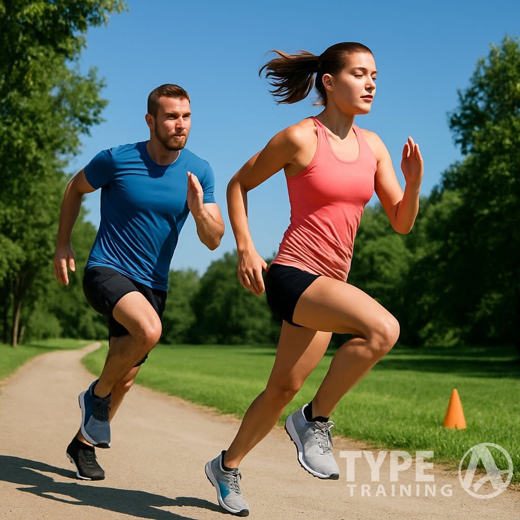 A man and woman running on a park trail surrounded by trees and grass on a sunny day.