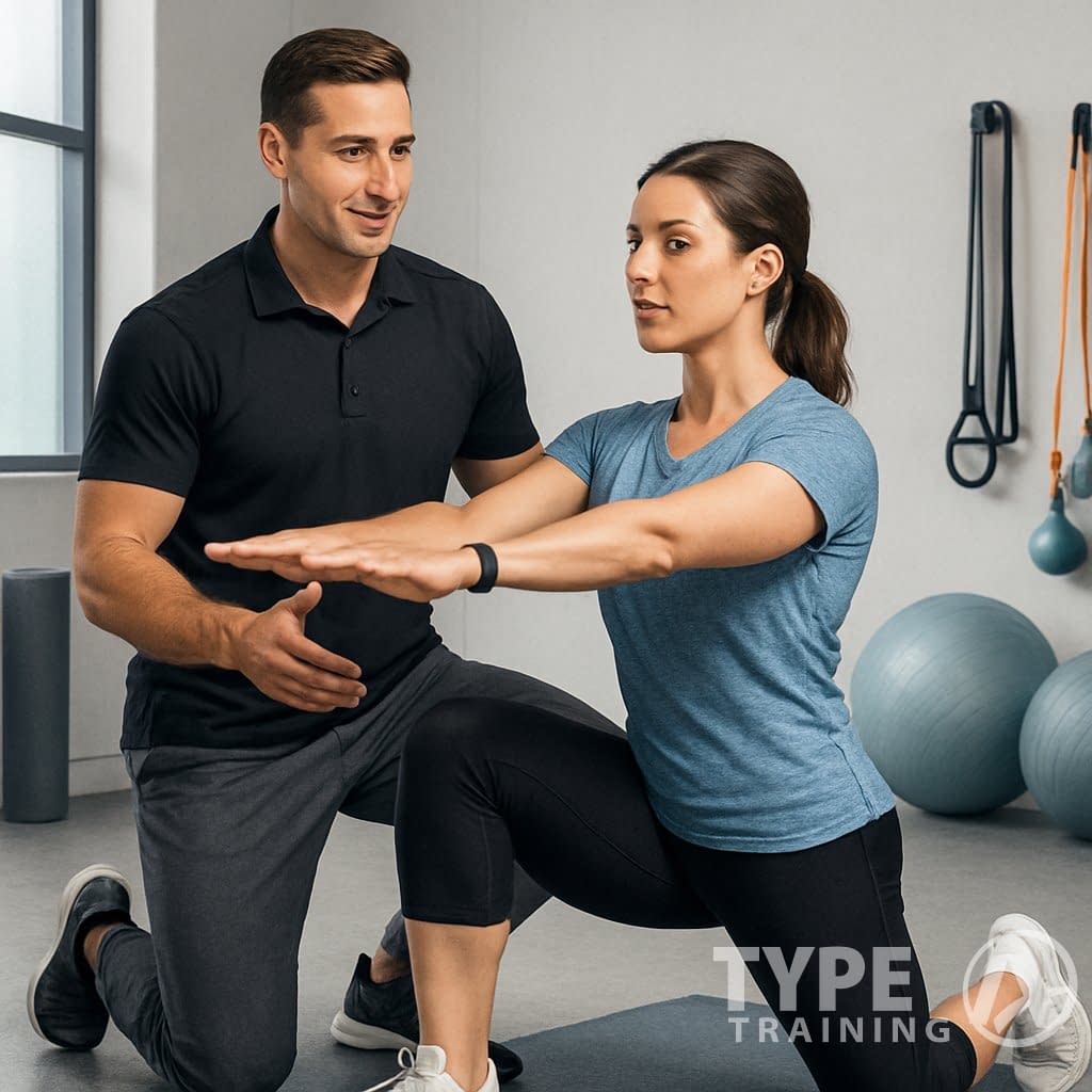 A fitness professional guiding a client through a corrective exercise in a gym setting.