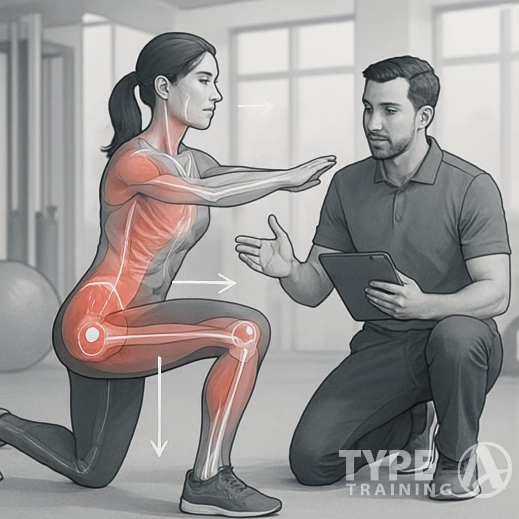 A specialist observing and guiding a person performing a movement exercise while analyzing muscle and joint function in a clinical setting.