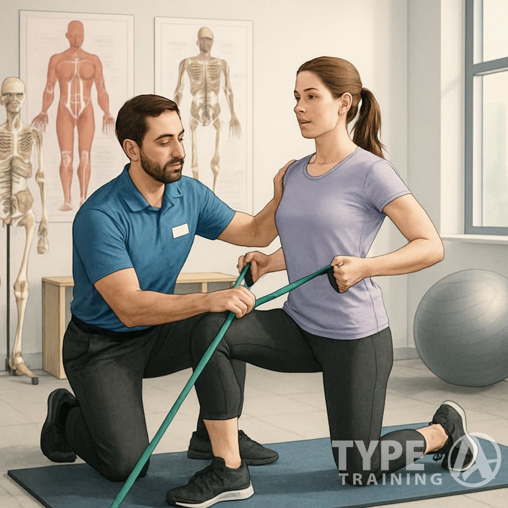 A specialist guiding a client through corrective exercises in a fitness studio with anatomical charts and equipment.