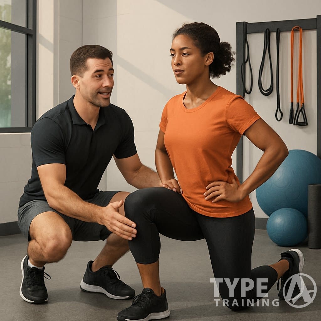 A fitness professional guiding a client through corrective exercises in a gym with various workout equipment.