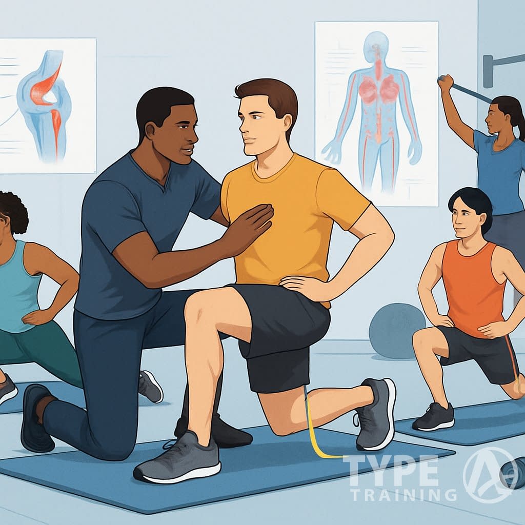 Athletes performing corrective exercises with a trainer in a gym, focusing on proper form and injury prevention.