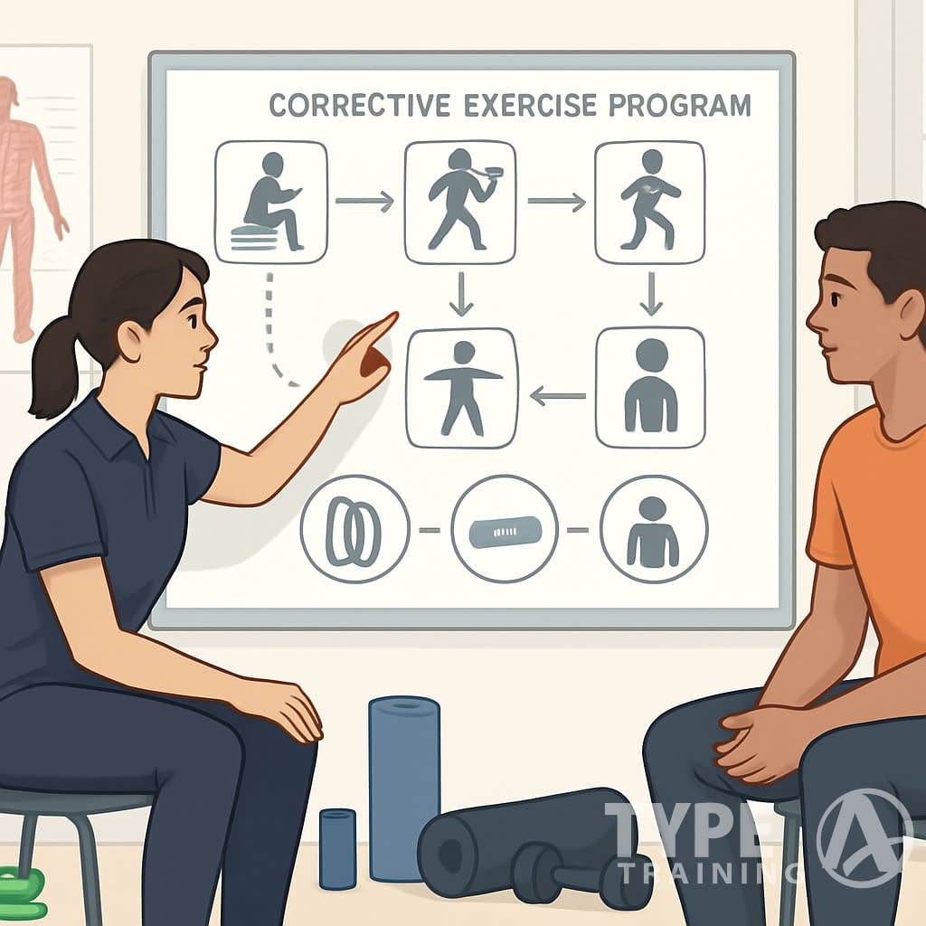 A fitness coach and client discussing a detailed exercise plan with fitness equipment and anatomical charts in a bright, organized room.