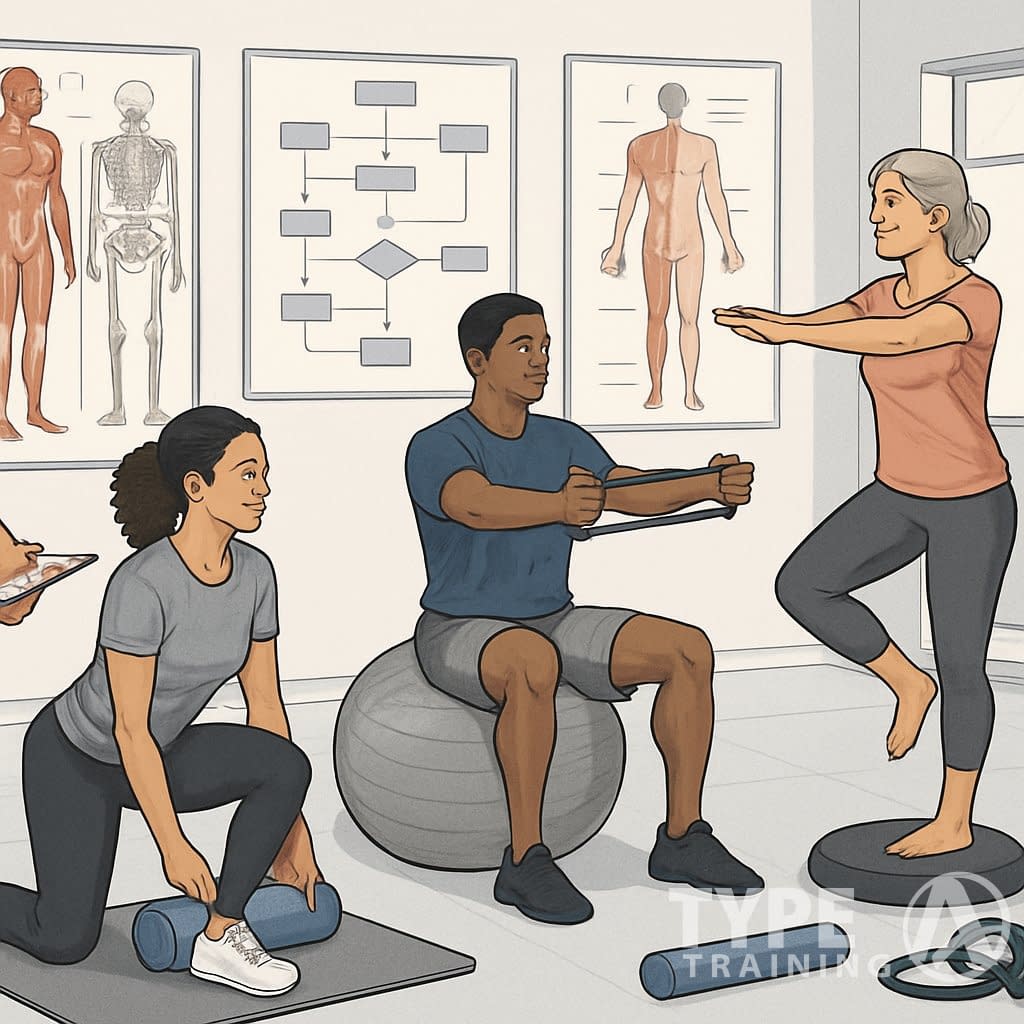 A fitness professional guiding people through corrective exercises in a gym, with anatomical charts and exercise equipment around them.