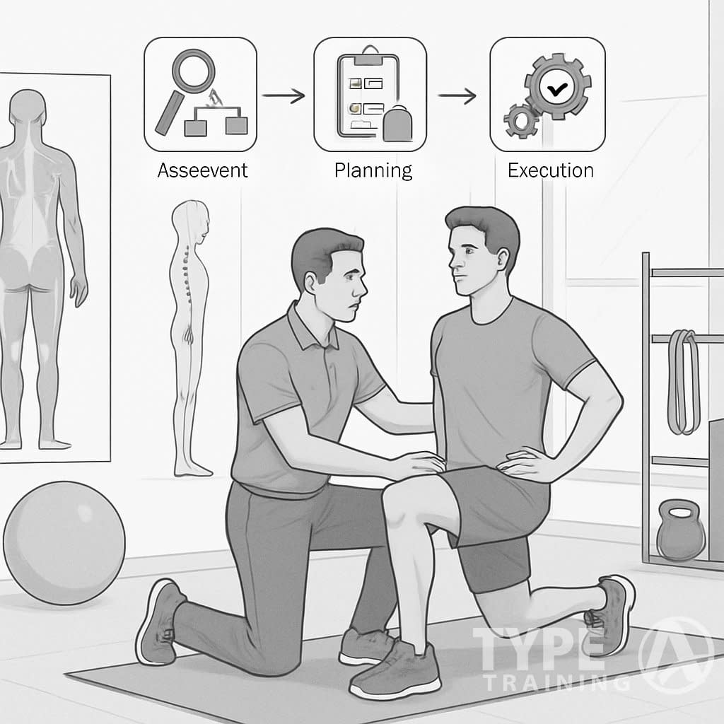 A fitness professional guiding a client through corrective exercises in a gym, with anatomical diagrams and exercise equipment around them.