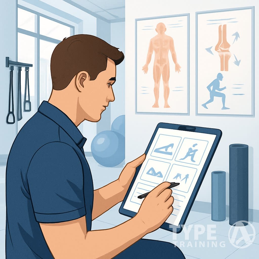 A fitness professional reviewing a corrective exercise program in a gym, surrounded by exercise equipment and anatomical charts.