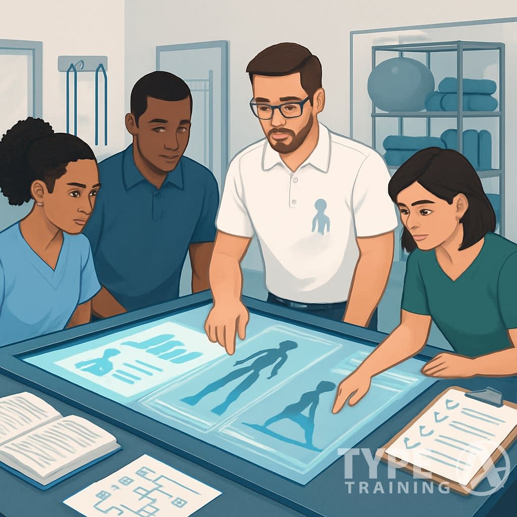 A group of fitness professionals collaborating around a digital table in a modern rehabilitation studio, reviewing charts and body movement diagrams related to corrective exercise program design.