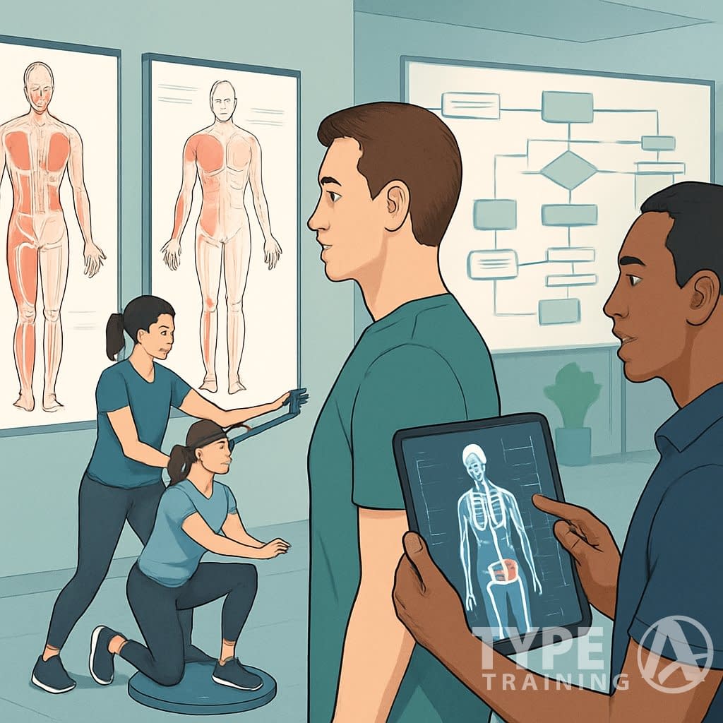 A group of fitness professionals and clients working together in a gym setting, with trainers assessing posture, demonstrating exercises, and using charts and diagrams to plan a corrective exercise program.